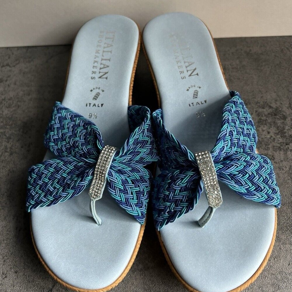 Italian Shoemakers Mixed Blue Rhinestone Sparkle Thong Wedge Sandals Size 9.5 M - Picture 2 of 16